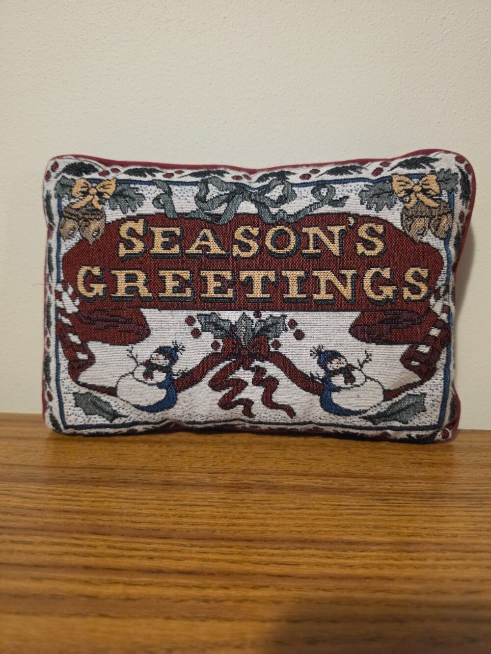 Vintage Christmas Season's Greetings Tapestry Accent Pillow Snowman Holiday 12x9